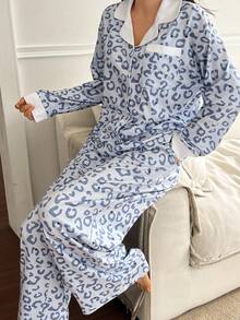 DAZY Leopard Print Patchwork Loose Women Pajama Set - Blue - View 5