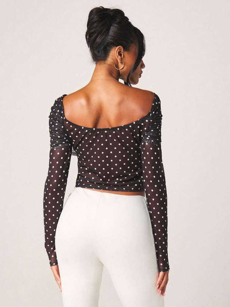 MISSGUIDED Off Shoulder Polka Dot Mesh Top