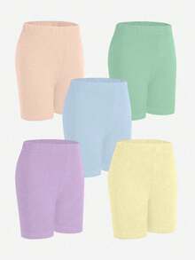 5pcs/Set Girls' Black Solid Color Minimalist Comfortable Tight Shorts/Leggings - Multicolor - View 3