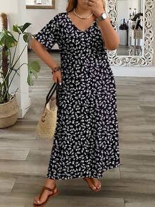 EMERY ROSE Plus Size Women Casual Minimalist V-Neck Short Sleeve Dress, Suitable For Summer - Multicolor - View 5
