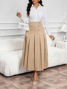 SHEIN Lady 女士双排扣褶裥优雅卡其色半身裙 - 卡其色 - 查看 3