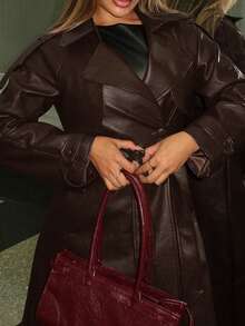 Maria Perezxox 女式纯色翻领插肩袖口袋系带休闲通勤风衣，秋季 - 咖啡棕 - 查看 3