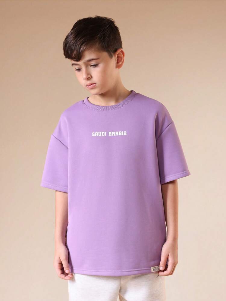 Boys Casual Crew Neck Short Sleeve Purple Graphic Tee With Saudi Arabia Print Regular Fit T-Shirt