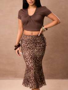 ROMWE PETITE Women's Leopard Print Mesh Skirt - Multicolor - View 3