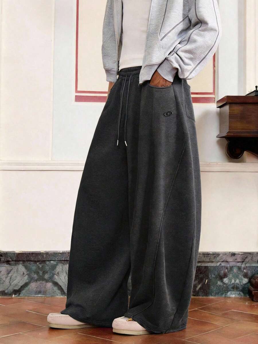 SWAVVY 男士標準尺寸休閒寬鬆春秋運動長褲,黑色,刺繡雪花,口袋,運動街頭風 - 黑色 - 查看 1