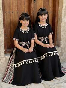 Tween Girls' Vacation Casual Geometric Print Patchwork Fringe Decor Dress - Black - View 6
