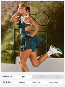 GLOWMODE Soft Swing Built-In Shorts Side Pockets Contrasting Trim Crewneck Ultra-Low Rise Pleated Racerback Tennis Dress Golf Pickleball Daily Casual Wear - Green - View 8