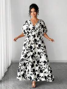 Elenzga Vestido elegante de talla grande para mujer con cuello en V, mangas cortas y cintura ceñida en línea A, adecuado para el trabajo, primavera/verano - Blanco y Negro - Ver 5