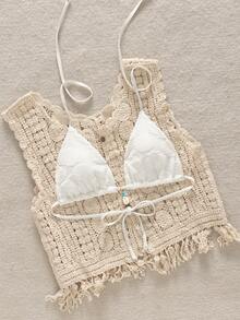 Swim Mod 夏季假期随机印花罗纹贝壳装饰三角杯性感女士吊带背心 - 白色 - 查看 4