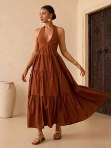 Vesra Women's Deep V-Neck Halter Long Dress For Beach Vacation - Burnt Orange - View 2