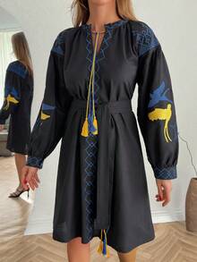 Women's Bohemian Style Embroidered Long Sleeve Belted Midi A-Line Dress, Black - Black - View 1
