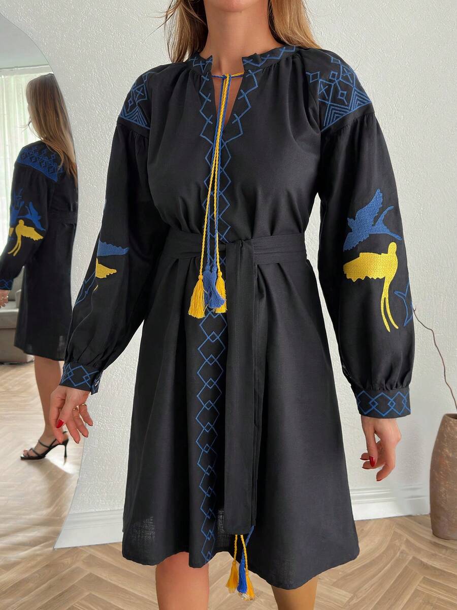 Women's Bohemian Style Embroidered Long Sleeve Belted Midi A-Line Dress, Black - Black - View 1