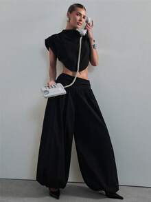 Hauture Quần ống rộng cạp thấp, nhún bèo dành cho nữ, kiểu dáng gợi cảm, thích hợp mặc đi làm. - màu đen - Xem 3