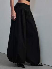 Hauture Quần ống rộng cạp thấp, nhún bèo dành cho nữ, kiểu dáng gợi cảm, thích hợp mặc đi làm. - màu đen - Xem 5