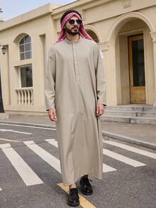 DAZY 男士长款灰色半开襟中东风格长袍衬衫，春季 - 灰色 - 查看 4