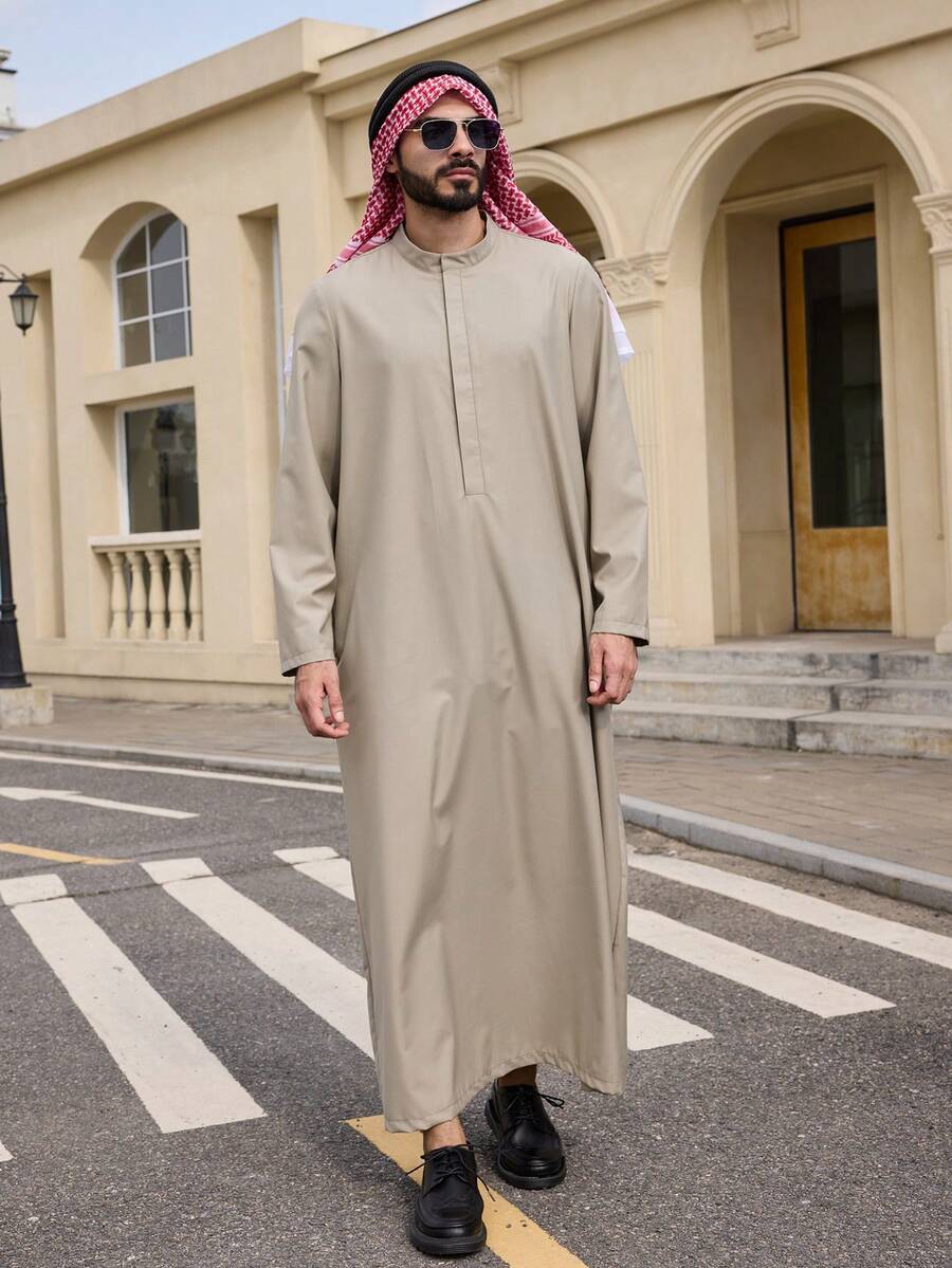 DAZY 男士长款灰色半开襟中东风格长袍衬衫，春季 - 灰色 - 查看 1