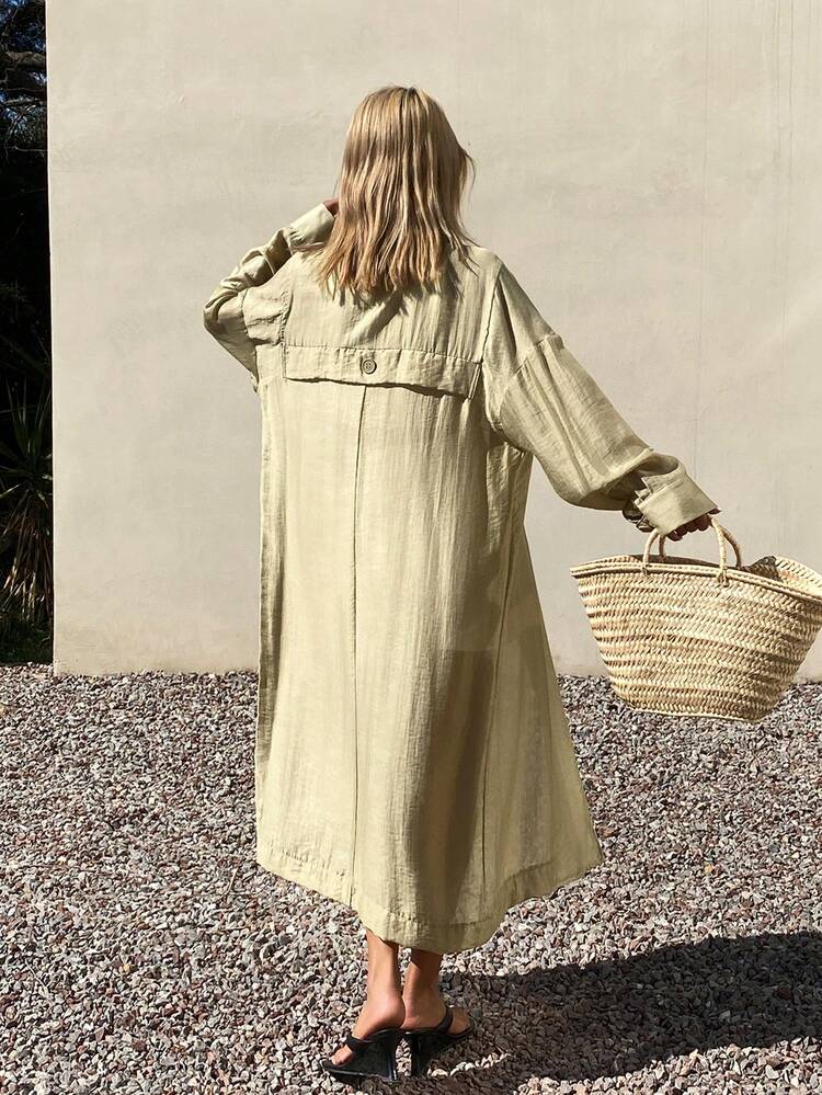 Solid Color Loose Turndown Collar Long Sleeve Long Lightweight Summer Casual Trench Coat For Women