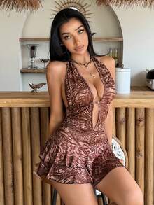 EgrlEra 女士露背吊带系带豹纹斑马纹性感派对迷你连衣裙 - 彩色 - 查看 4