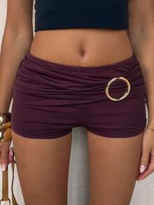 Elamini 女士性感优雅金属配饰短裤，春夏户外活动的最佳选择 - 咖啡棕 - 查看 3