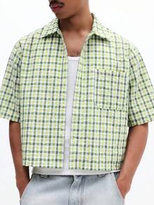 SUMWON Men's Crop Fit Green White Check Pattern Short Sleeve Button Down Summer Casual Shirt With Point Collar - Multicolor - View 3