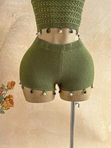 Soleia 女士度假纯色镂空露脐吊带针织上衣和针织短裤两件套 - 綠色 - 查看 3