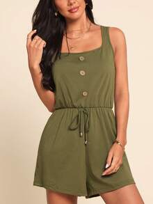 Coeurva Drawstring Waist Button Front Tank Romper - Army Green - View 5