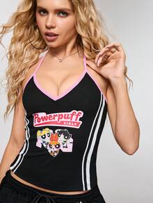 THE POWERPUFF GIRLS X SHEIN Áo thun nữ cổ yếm in chữ và hoạt hình, kiểu dáng thường ngày, đa năng. - màu đen - Xem 3