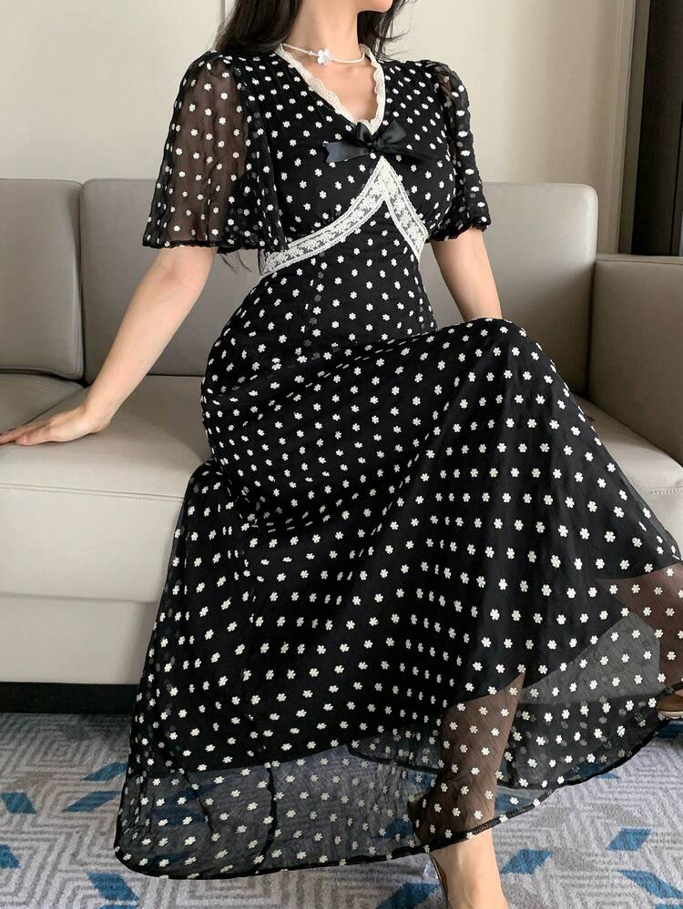 Summer Polka Dot Dress, Fashionable French Elegant V-Neck Lace Patchwork Long Chiffon Dress, Sexy Sundress