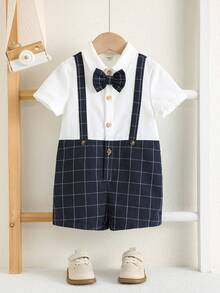 SHEIN Baby BoyBaby Short Sleeve Romper With Bow Tie Boy Jumpsuit Shirt Handsome Gentleman Clothes - Multicolor - View 7