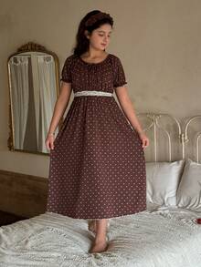 Dazy Kids 少女圆领花卉蕾丝荷叶边休闲家居睡裙 - 棕色 - 查看 2