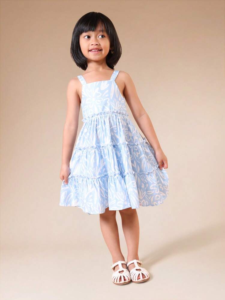 Girls Light Blue Tiered Ruffle Dress With Scoop Neckline And All Over Abstract Print Summer Sleeveless A Line Mini Dress