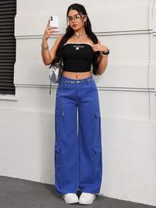 SHEIN EZwear Quần jeans cargo nữ mùa hè có khóa kéo và túi nắp - Màu xanh lam - Xem 6