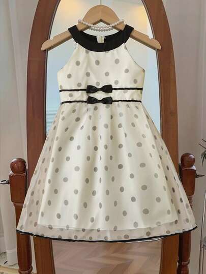 SHEIN 女孩夏季蝴蝶装饰波点印花欧根纱无袖公主裙，撞色领时尚吊带裙