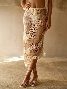 MOTF PREMIUM HANDMADE CROCHET COLORBLOCK ASYMMETRIC HEM KNIT BOHEMIAN WOMEN BEACH COVER UP SKIRT - Multicolor - View 3