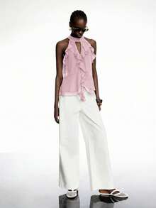 New Chiffon Blouse With Ruffles And A Bow At The Back In Olive Green - Bohemian Style Design For Summer - Rose - View 4
