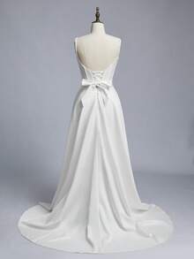 Glamrae Petite Đầm maxi satin trắng thanh lịch, tối giản, cổ chữ V, hở lưng, thắt nơ điều chỉnh được, có túi bên hông và đuôi váy dài, thích hợp làm đầm cưới. - trắng - Xem 8