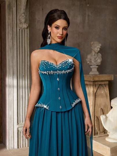 Aureia Elegant Satin & Chiffon Patchwork Strapless Dress With Luxurious 3D Bead Embellished A-Line Skirt (Detachable Halter), Adjustable Back Tie, Suitable For Dates, Vacations, Parties, Weddings And All Formal Occasions