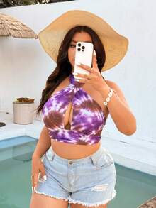SHEIN Swim Curve Plus Size Digital Print Criss-Cross Halter Neck Ruched Hem Casual Beach Vacation Style Swimwear Top For Women - Multicolor - View 4
