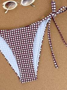 Swim Mod 2026 Spring/Summer Spaghetti Strap Halter Neck Purple & Red Plaid Side High Cut Lace-Up Thong Panties, Sweet Vacation Style For Women - Multicolor - View 3