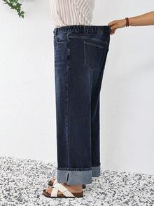 SHEIN Tall CURVE 春夏大码女式度假通勤休闲时尚卷边宽松口袋阔腿牛仔裤 - 深色水洗藍 - 查看 6