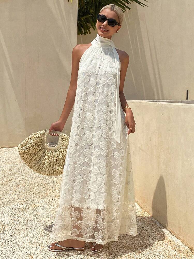 Women's Sleeveless Wide Neck Jacquard Sequin Fabric A-Line Dress, Elegant Summer Vacation Long Dress,Back To School Clothes Maxi Dress Cruise Outfit For Women Boho