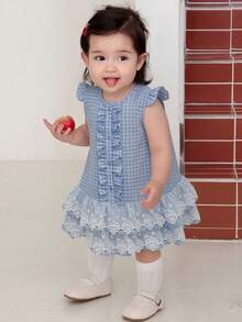 DAZY Baby Girl Round Neck Cap Sleeve Plaid Embroidered Ruffle Hem Cute Dress - Yellow - View 6