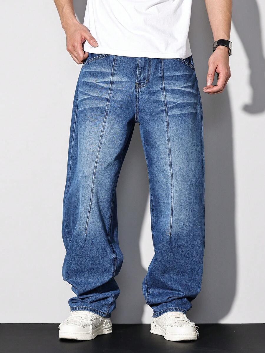 Manfinity Homme Spring & Summer Casual Street Water-Washed Blue Straight Loose Distressed Jeans With 3D Cat Whiskers - Blue - View 1