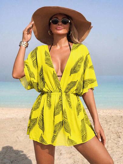 Swim Lushoire 1pc Women Mesh Leaf Pattern Cover-Up, Casual Beach/Pool Wear, Spring/Summer