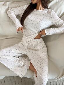 DAZY Ditsy Floral Knit Women's Pajama Set - White - View 3