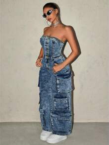 SHEIN ICON Women's Fashionable Strapless Denim Jumpsuit For Summer - Blue - View 1