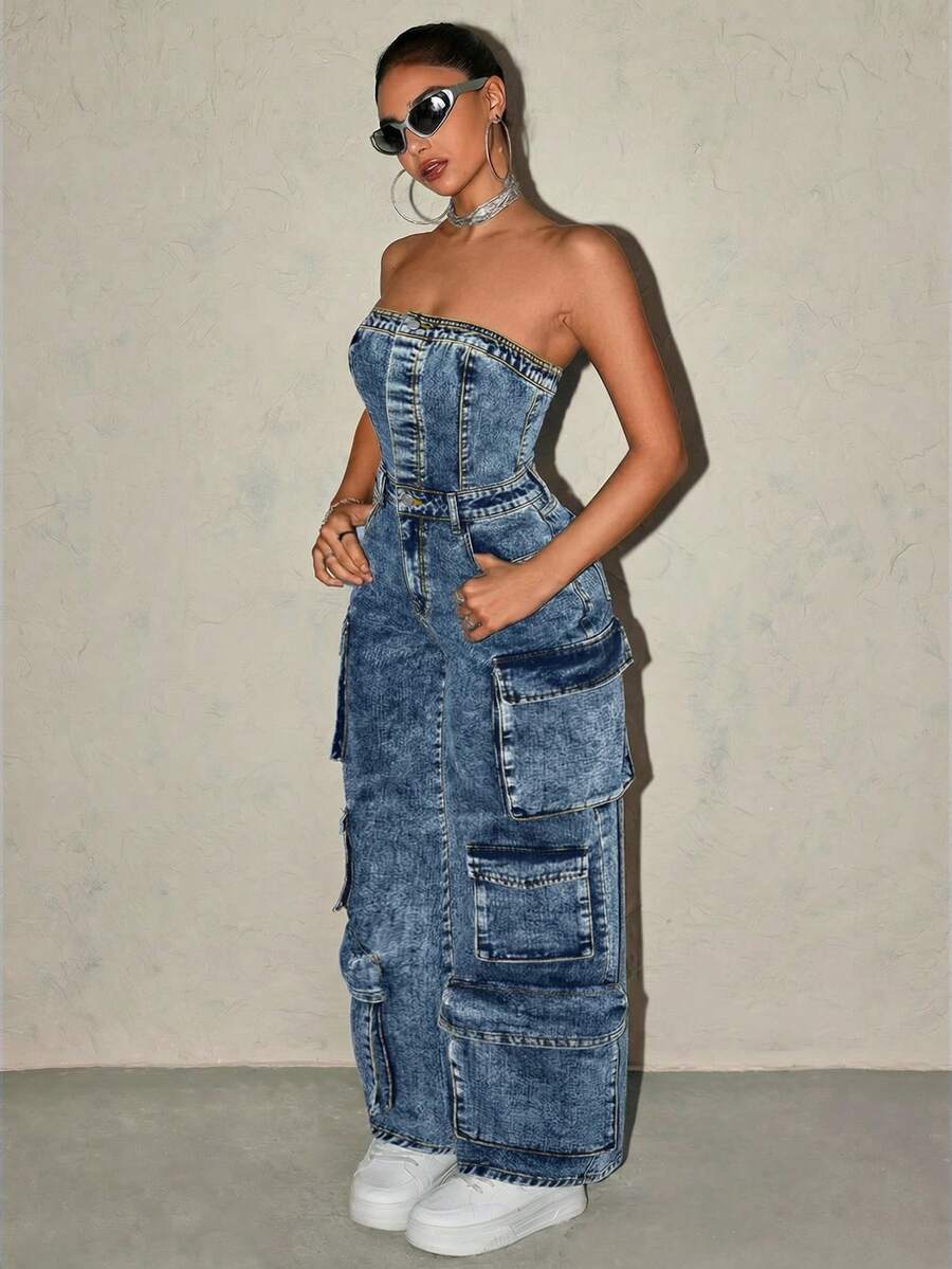 SHEIN ICON Women's Fashionable Strapless Denim Jumpsuit For Summer - Blue - View 1