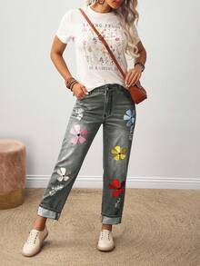 SHEIN LUNE Women's Floral Embroidered Pocket Straight Leg Casual Versatile Jeans - Grey - View 3