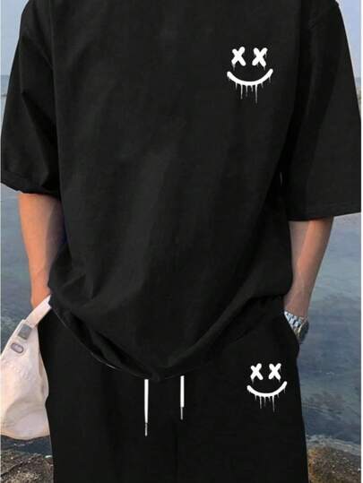 Conjunto 2 piezas para hombre camiseta de manga corta y shorts con estampado gráfico de cara sonriente estilo streetwear casual para verano