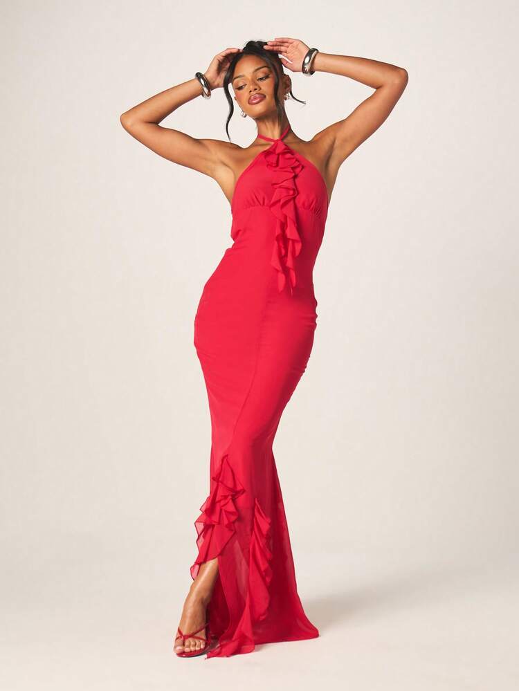 MISSGUIDED Women's Red Halter Neck Maxi Dress With Ruffle Detail Long Formal Evening Bodycon Gown Party Wedding Guest Cocktail